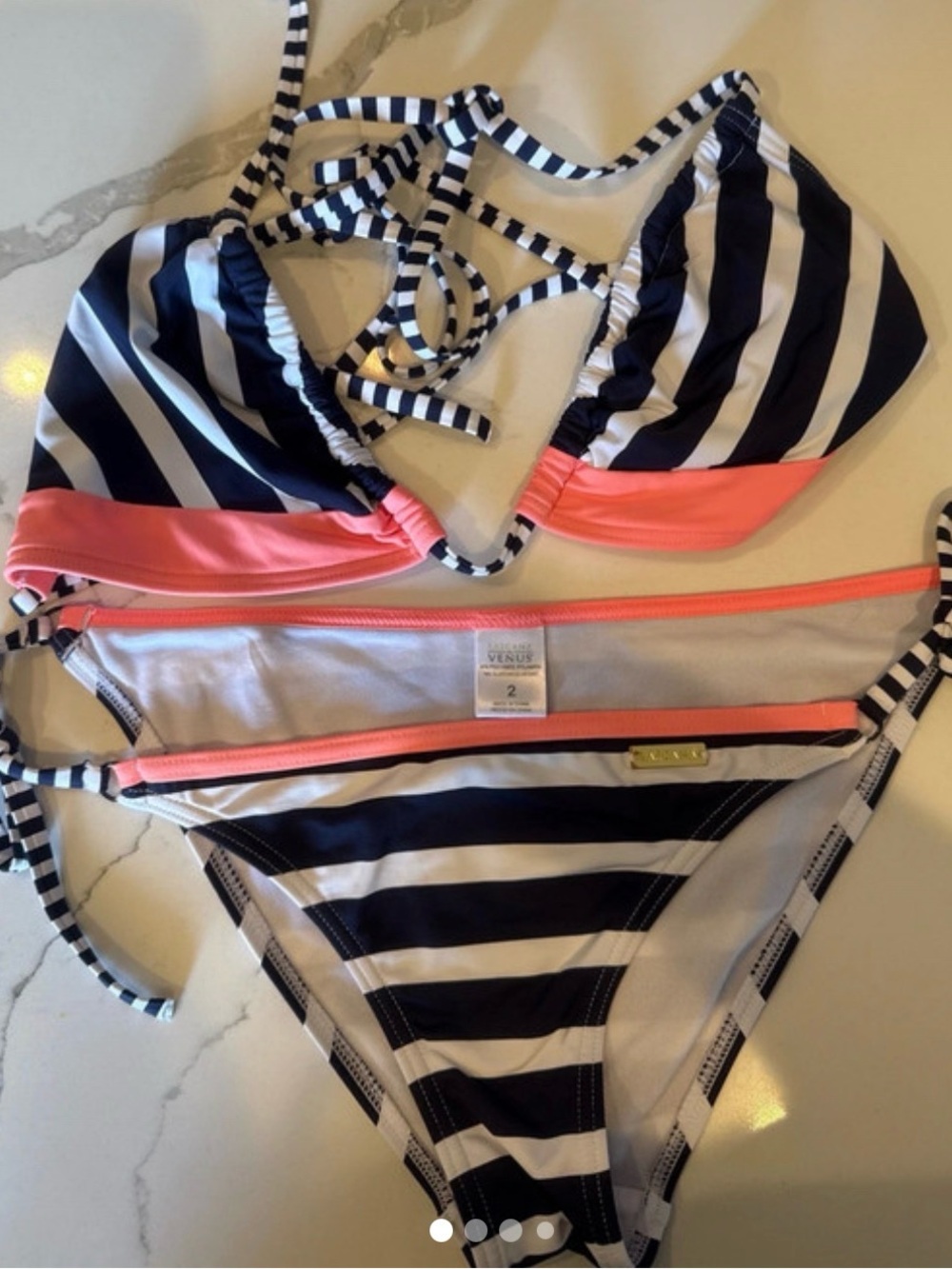 Lascana for VENUS Navy and White Striped Bikini with Coral Accents Size 2